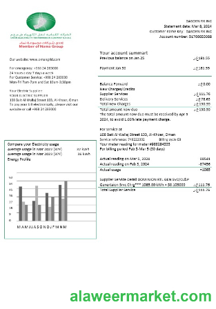 Oman Electricity Transmission Company electricity business utility bill template in Word and PDF formats